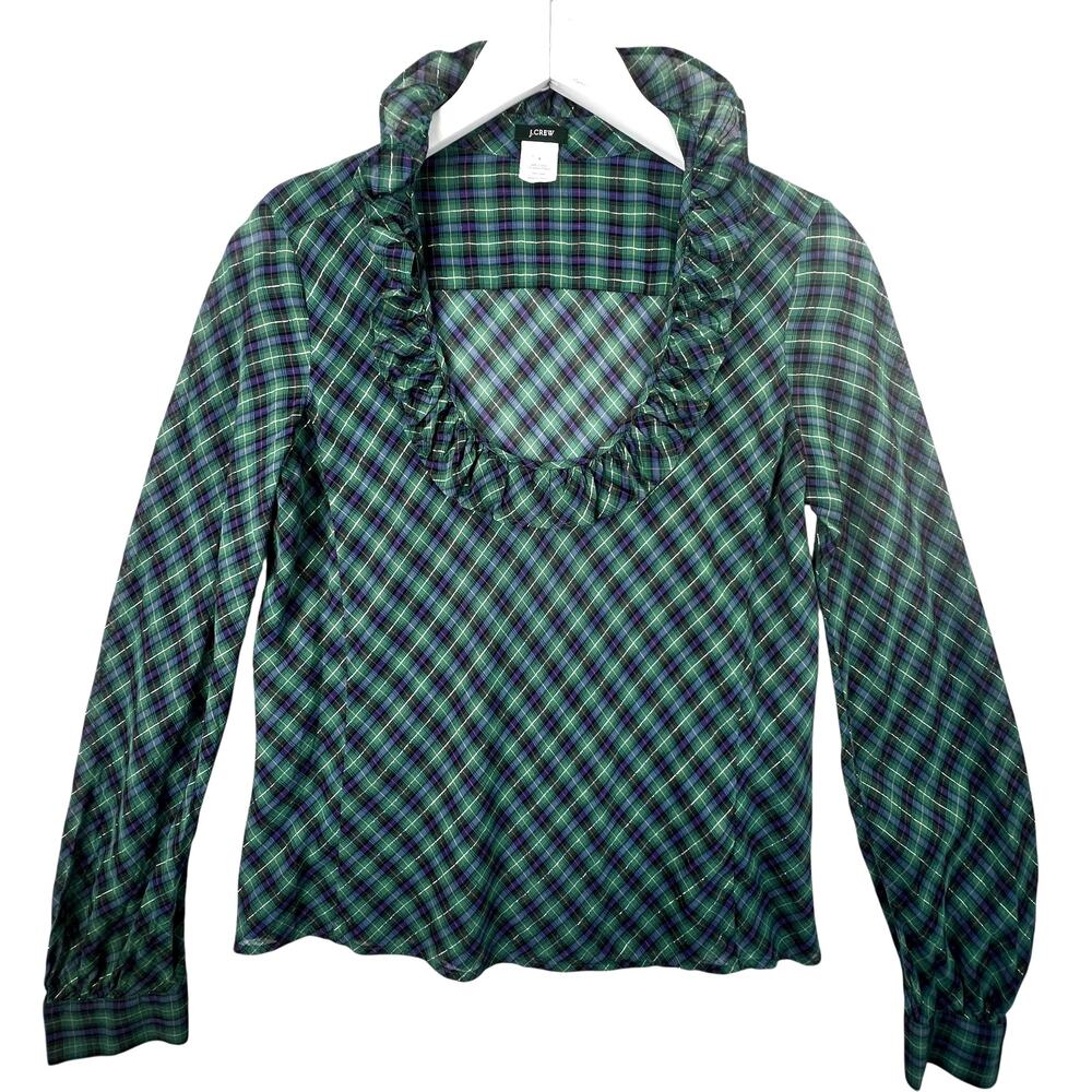 J.Crew Tartan Plaid Metallic Ruffle Neck Blouse‎ Top Green Womens 4 Long Sleeve